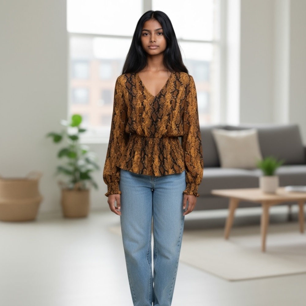 MOA MOA PEPLUM STYLE SEMI SHEER SNAKESKIN PRINT SMOCKED BLOUSE BROWN BLK SIZE M